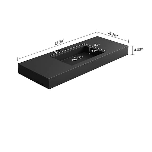 Vetra 47 x 19 in. Solid Surface Wall Mount or Countertop Bathroom Vessel Sink with Faucet Holes in Black