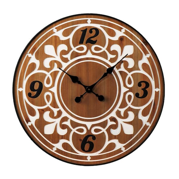 Unbranded Natural 23 in. Unique Fleur-De-Lis Patterns and Elegant Roman Numeral Wall Clock, for Living Room, Office