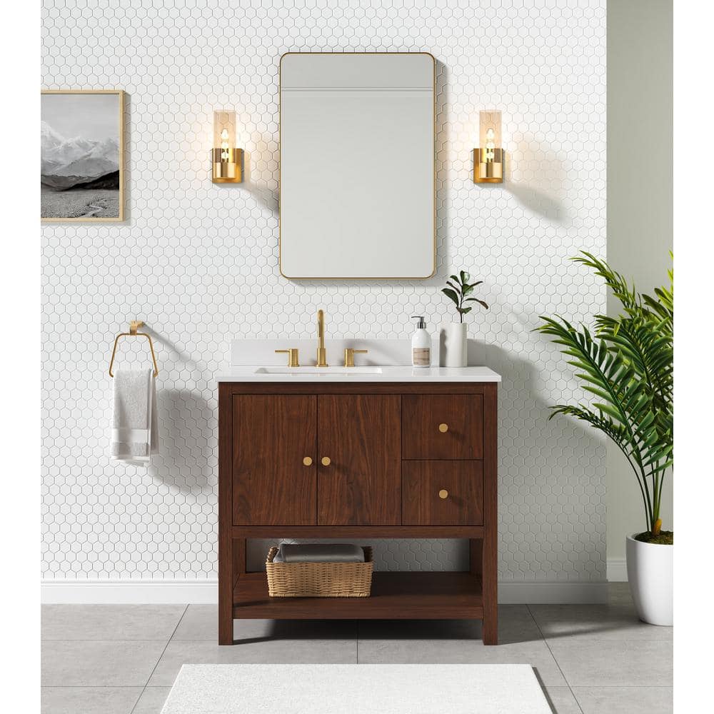 Zoe 36" Walnut Single Vanity with Matte Gold Hardware