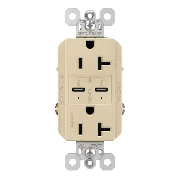 radiant 20 Amp 125-Volt Tamper-Resistant Duplex Outlet with Ultra-Fast PLUS Power Delivery USB C/C, Ivory