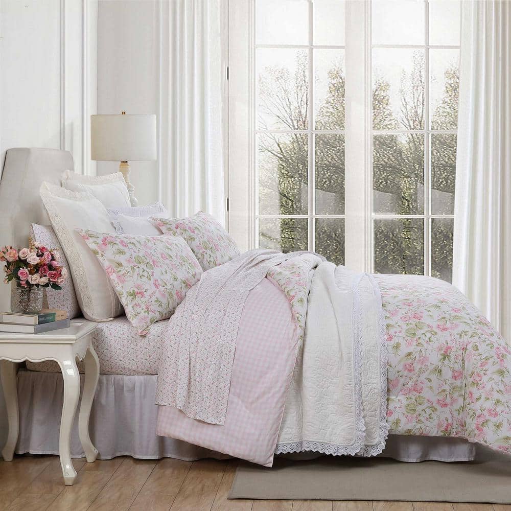 Pink Floral Cotton Full Reversible Bedspread Set