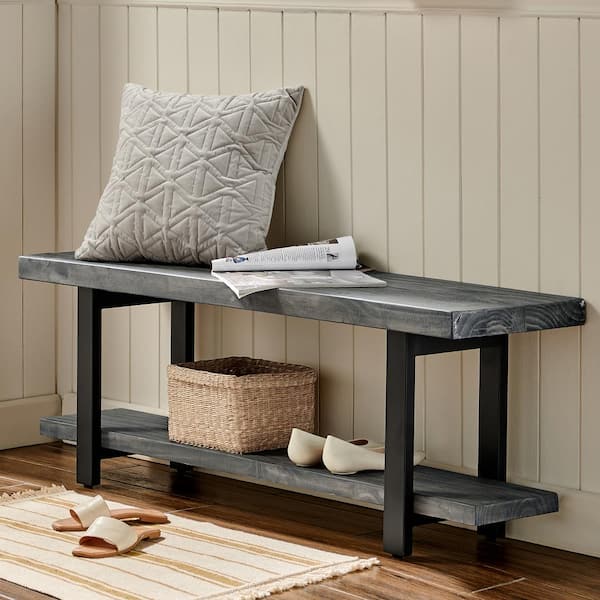 Alaterre Furniture Pomona Metal and Reclaimed Wood Bench, Slate Gray