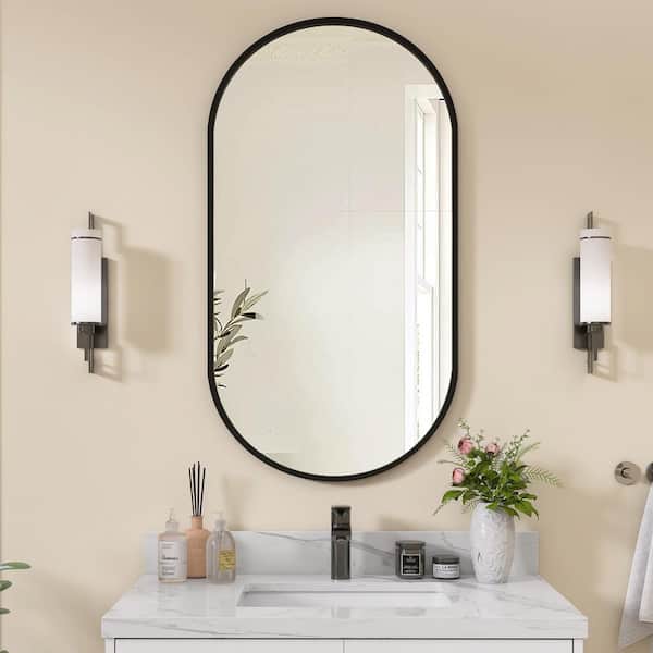 NTQ 18 in. W x 36 in. H Large Oval Framed Aluminum Vertical/Horizontal Wall Mounted Bathroom Vanity Mirror in Black