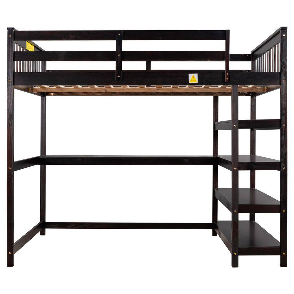 STICKON Espresso Brown Full Size Loft Bed with Storage Shelves and