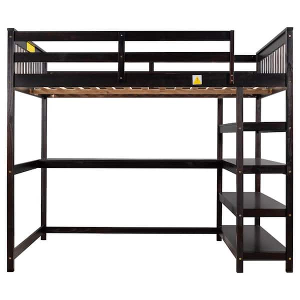 STICKON Espresso Brown Full Size Loft Bed with Storage Shelves and Under-Bed Desk