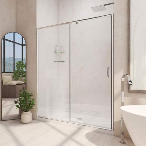DreamLine Flex 34 in D x 42 in. W x 74.75 in. H Framed Pivot Shower Door in Chrome with Center Drain White Acrylic Base Kit