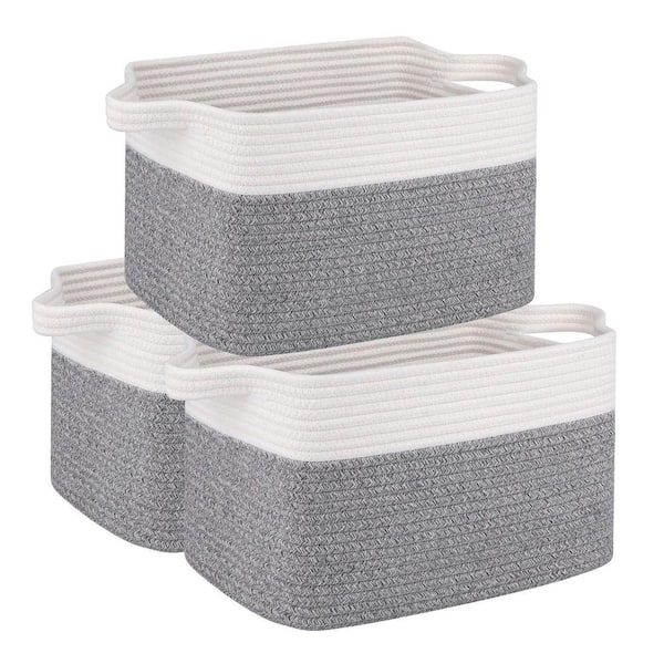 Gray 13 in. x 8.7 in. Cotton Woven Storage Bins with Handles