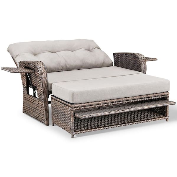 2-Piece Brown Wicker Outdoor Sofa Day Bed Loveseat and Ottoman with CushionGuard Beige Cushions