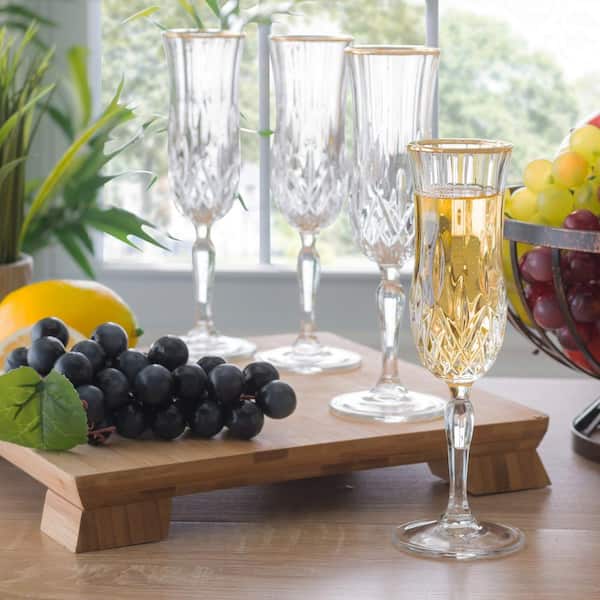 NEW SET OF 4 GOLD RIM,SPARKLING CRYSTALS+CLEAR CHAMPAGNE,FLUTE+STEM GLASS 