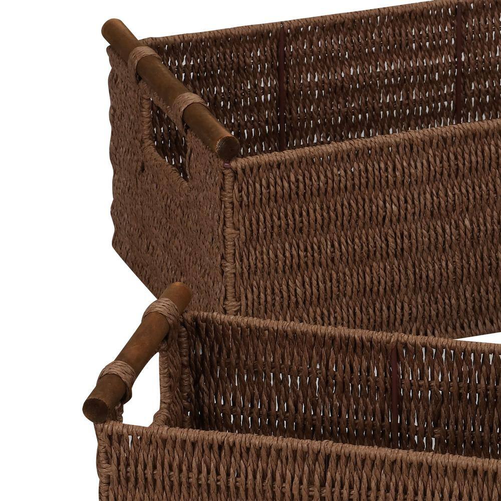 Rustic Rectangular Paper Rope Storage Baskets, Set of 3, Brown