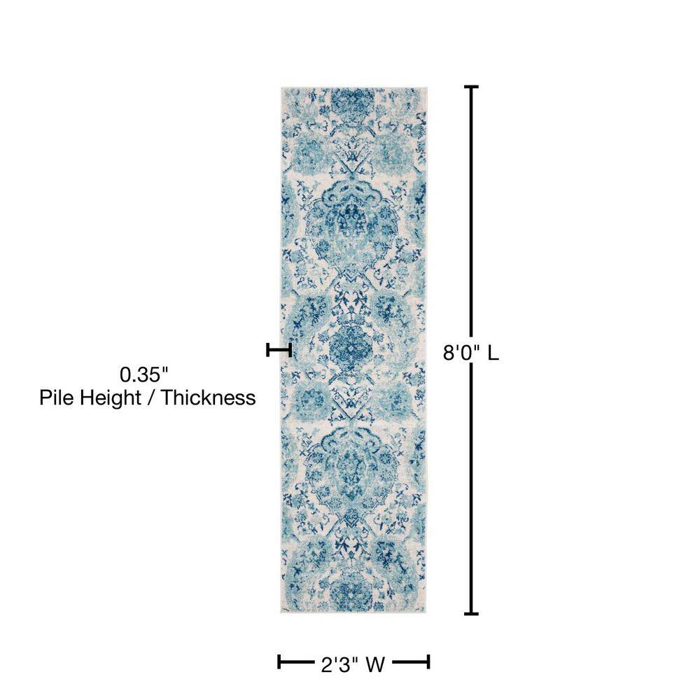 Cream and Turquoise Synthetic Hand-knotted Runner Rug