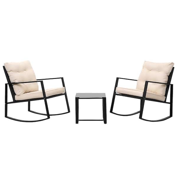 Unbranded 3 Pieces Wicker Patio Conversation Seating Set, 2-Arm Chairs and 1-Coffee Table, with Beige Cushions, for Garden