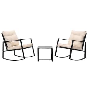 3 Pieces Wicker Patio Conversation Seating Set, 2-Arm Chairs and 1-Coffee Table, with Beige Cushions, for Garden