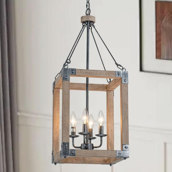 HUOKU Vivacity 4-Light 12.2 in. W Distressed Black and Wood Chandelier Vintage Square Geometric Pendant Light for Kitchen