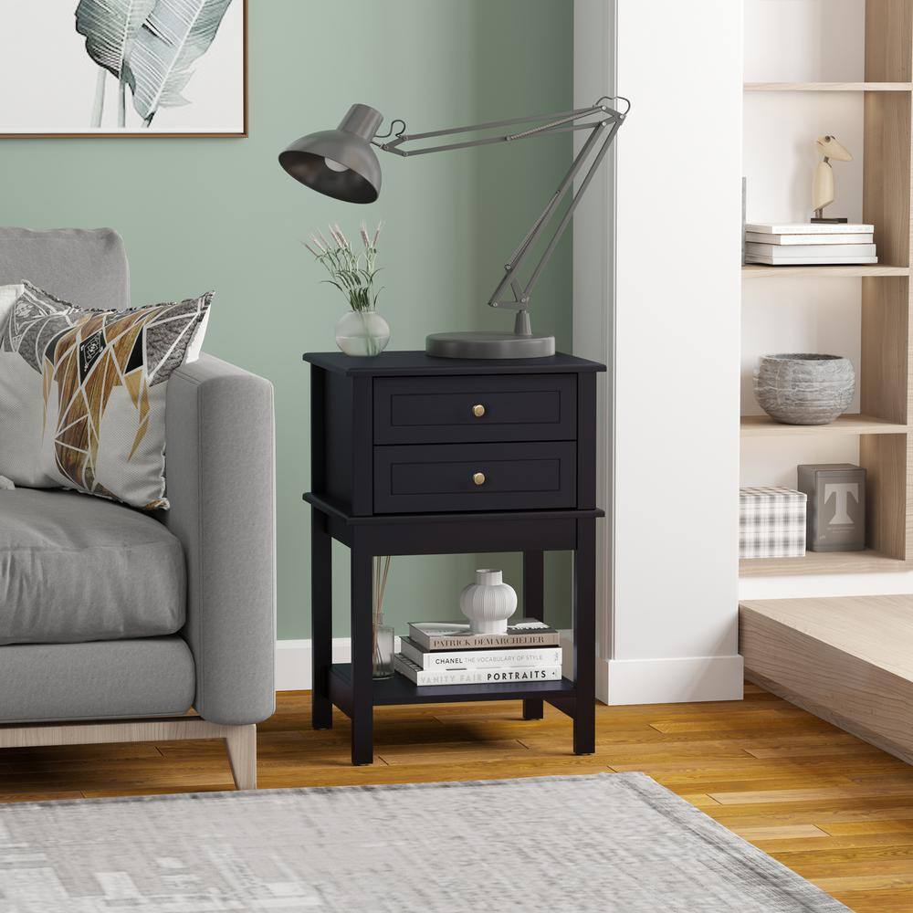 Modern Black Wood Side Table with Dual Storage Drawers and Shelf