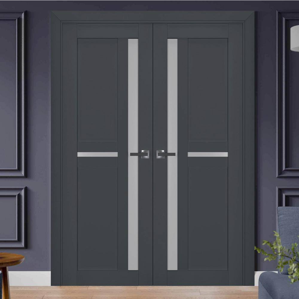 56" x 80" Antracite Solid Pine French Double Doors with Frosted Glass