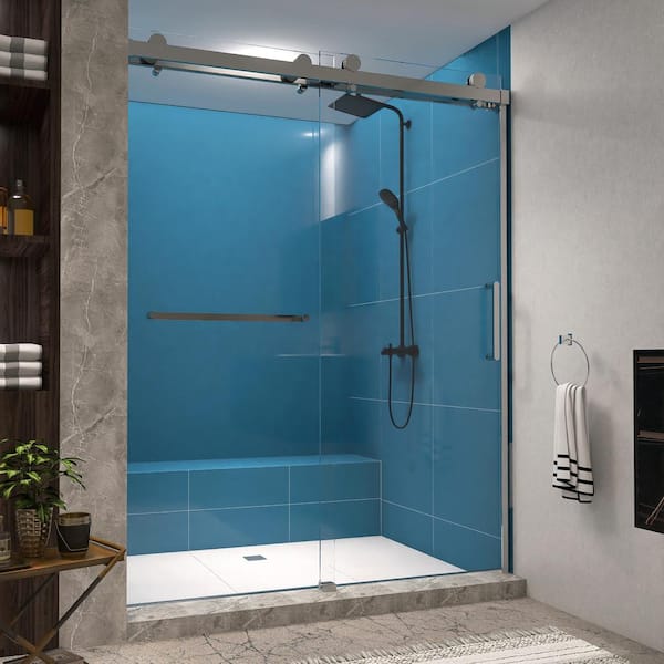 MEDUNJESS 59 in. W x 76 in. H Dual-Sliding Frameless Shower Door in Brushed Nickel with Handle and Clear Glass