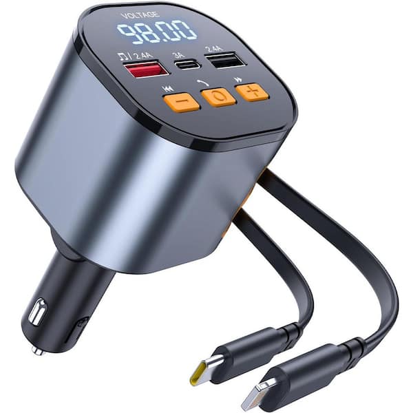 OBJLGEV 81-Watt Retractable PD Car Charger Bluetooth 5.3 FM Transmitter Hands-Free Calling MP3 Player USB LED Display Black