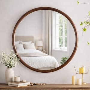 36 in. W x 36 in. H Modern Round Matte Brown Pine Wood Framed Decorative Wall Mirror, Living Room and Entry Way