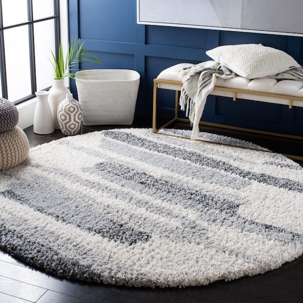 Fontana Shag 4 ft. x 4 ft. Gray/Ivory Geometric Striped Round Area Rug