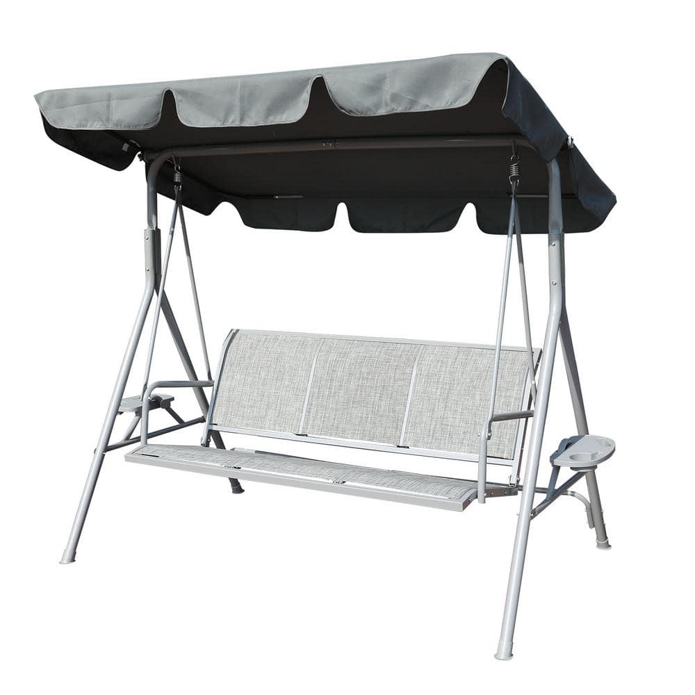Gray Modern 3-Person Metal Outdoor Yard Textilene Swing Chair Iron Patio Sw