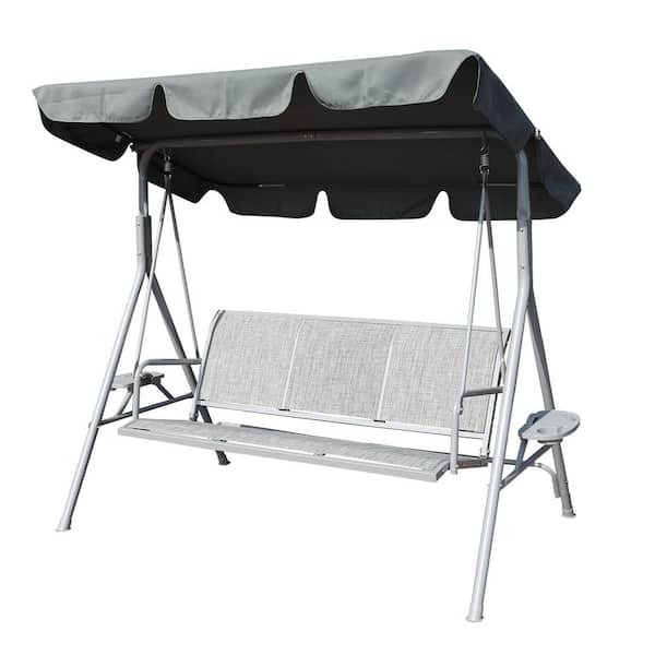Anvil Gray Modern 3-Person Metal Outdoor Yard Textilene Swing Chair Iron Patio Swing with Adjustable Canopy and Side Table