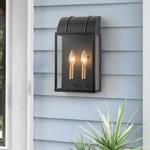Perth 2-Light Black and Gold Hardwired Outdoor Wall Lantern Sconce