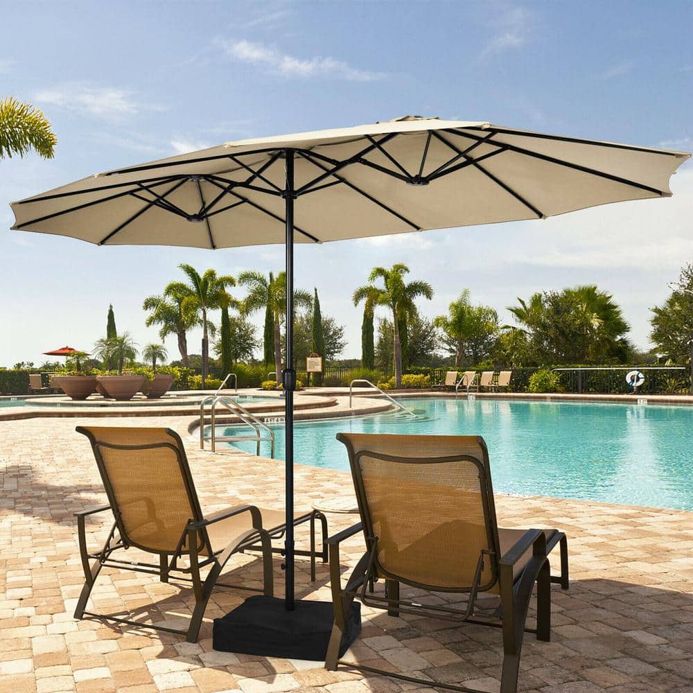 15 ft. Double-Sided Twin Patio Umbrella in Beige with Crank and Base