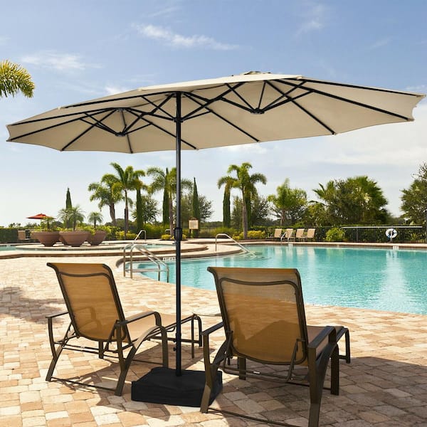 Unbranded 15 ft. Double-Sided Twin Patio Umbrella in Beige with Crank and Base