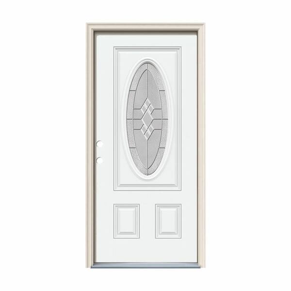 JELD-WEN 36 in. x 80 in. 3/4 Oval Lite Kingston White Painted Fiberglass Prehung Right-Hand Inswing Front Door w/Brickmould