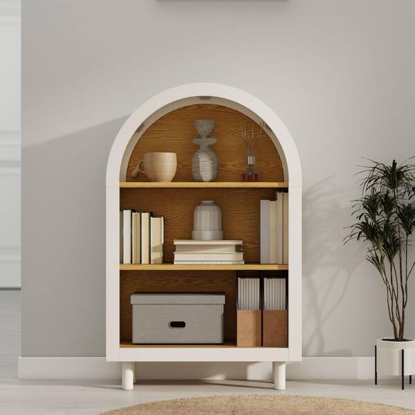 Stacy Modern Oak+White Wood 37.4 in. Arched Storage Cabinet with 3-Tier Storage Shelf