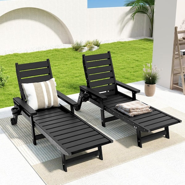 EGEIROSLIFE ZeaLuxe 2-Piece Black HDPE Plastic Outdoor Patio Chaise Lounges with Wheels and Adjustable Backrest