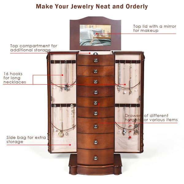Costway Wood Jewelry Cabinet Cabinet Armoire Box Storage Chest Stand Organizer  Necklace GHM0265 - The Home Depot