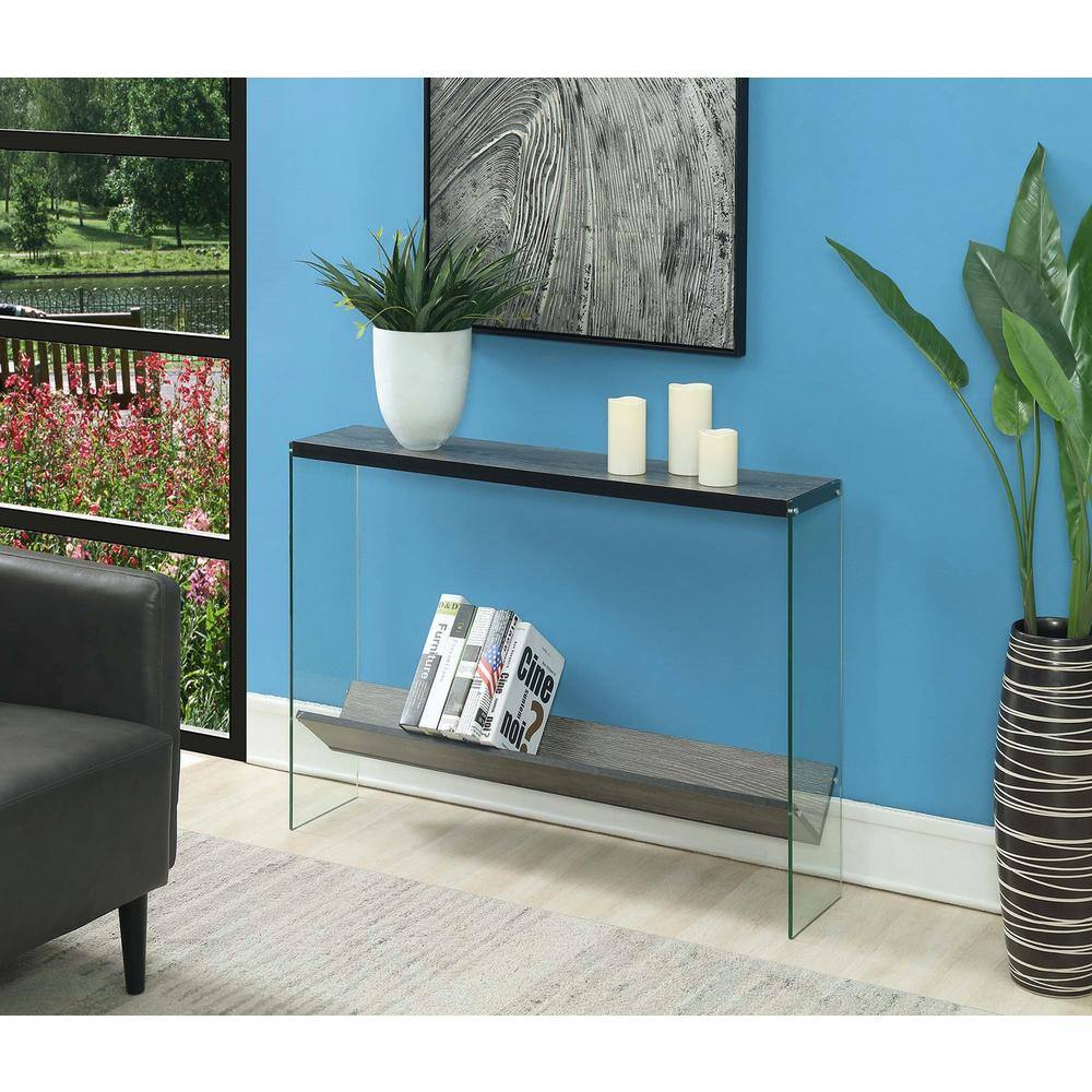 Weathered Gray Modern V Console Table with Glass Shelves