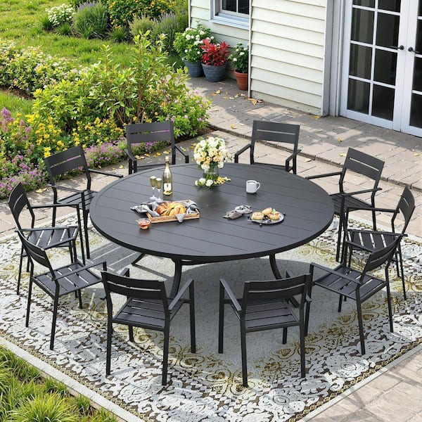 11-Piece Metal Outdoor Patio Dining Set with 60 in. Black Round Slat Table and 10 Stackable Chairs in Black