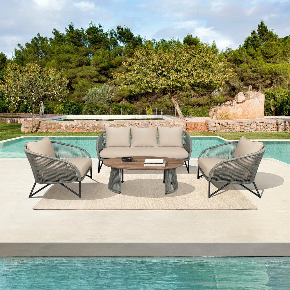 Benicia Gray 4-Piece Eucalyptus Wood Patio Conversation Set with Taupe Cush