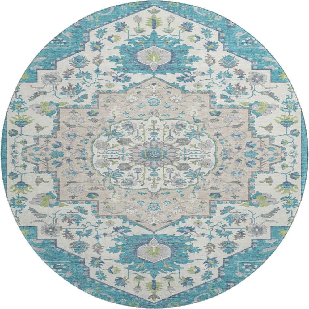 Mayfield Premium Machine Washable Abstract AMF985 Teal 8 ft. x 8 ft. Round Rug price history on PriceWatchPro