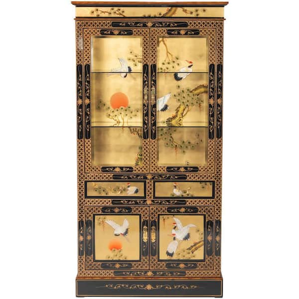 RED LANTERN Gold Lacquer Cranes 37.5 in. Display Cabinet with