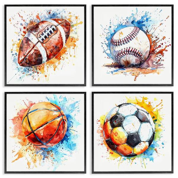 Stupell Industries Modern Splash Sports Balls by LSR Design Studio 4 Pieces Black Framed Sports Giclee Art Print 12 in. x 12 in.
