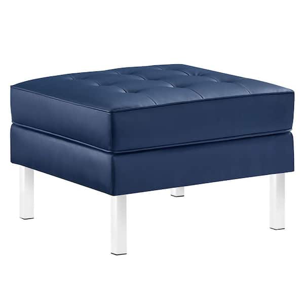 MODWAY Loft Silver Navy Tufted Button Upholstered Faux Leather Ottoman