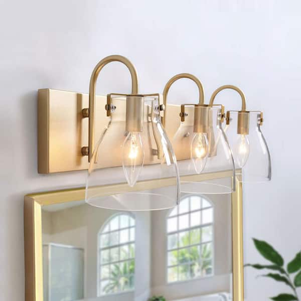 LNC Gold Vanity Light, Bell 3-Light Brass Mirror Wall Sconce Powder Room Wall Light with Bell Clear Glass Shades
