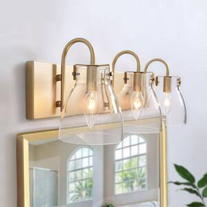 Gold Vanity Light, Bell 3-Light Brass Mirror Wall Sconce Powder Room Wall Light with Bell Clear Glass Shades