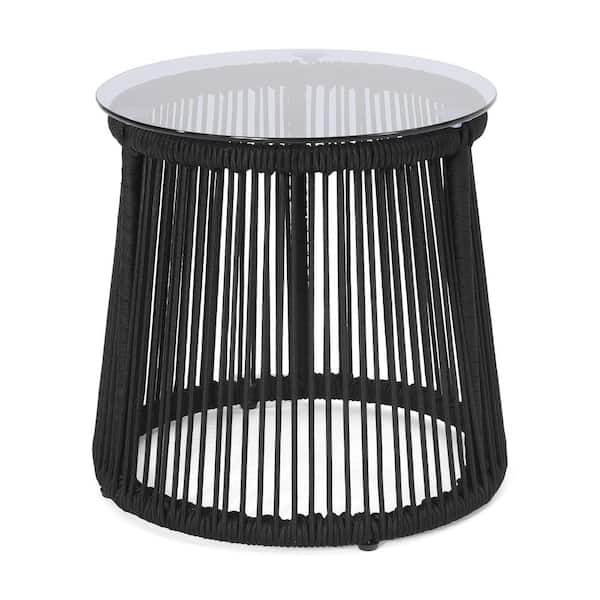 Tatayosi 15.5in. Round Black Woven Rope Moonstone Side Table