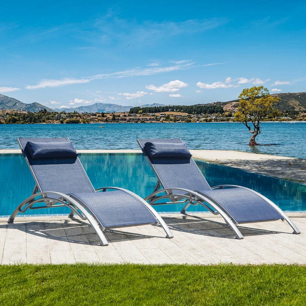 Navy Blue Aluminum Adjustable Outdoor Chaise Lounge Set with Cushions
