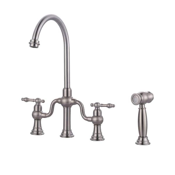 2-Handle Bridge Kitchen Faucet with Side Sprayer in Brushed Nickel