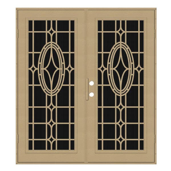 Unique Home Designs 72 in. x 80 in. Modern Cross Desert Sand Right-Hand Recessed Mount Aluminum Security Door with Charcoal Insect Screen