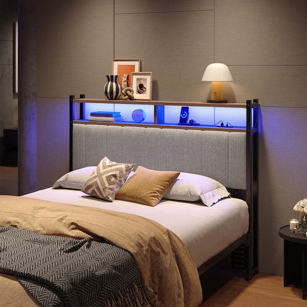 Gray Full Linen Upholstered Storage Headboard LED Headboard with Charging Station