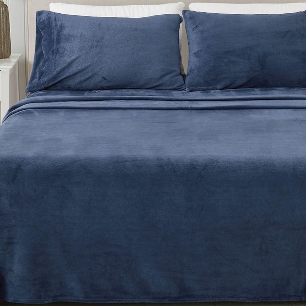 FRESHFOLDS Blue Ultra Soft Solid Color Velvet Plush Polyester King Bed Sheet Set