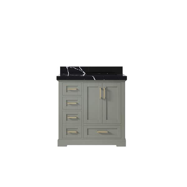Willow Collections Boston 36 in. W x 22 in. D x 36 in. H Right Offset Single Bath Vanity in Evergreen with 2 in. Calacatta Black qt Top