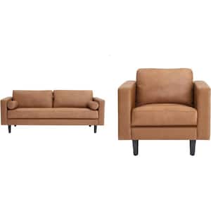 74.5 in. W Square Arm Leather Straight Leather Mid-Century 2-Piece Sofa/Chair in Tan Brown for Living Room Set